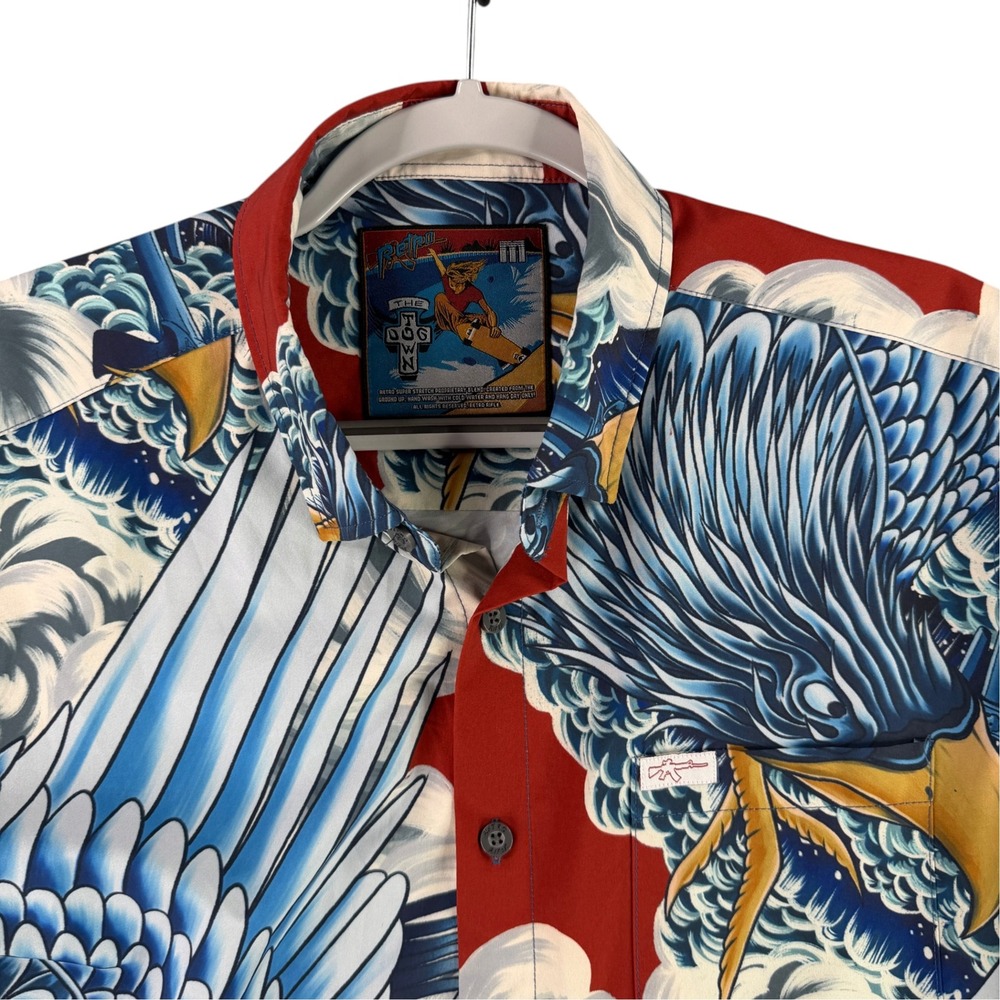 Retro Rifle Dogtown Button Down Shirt Mens Medium Red Blue Eagle Wave Stretch
